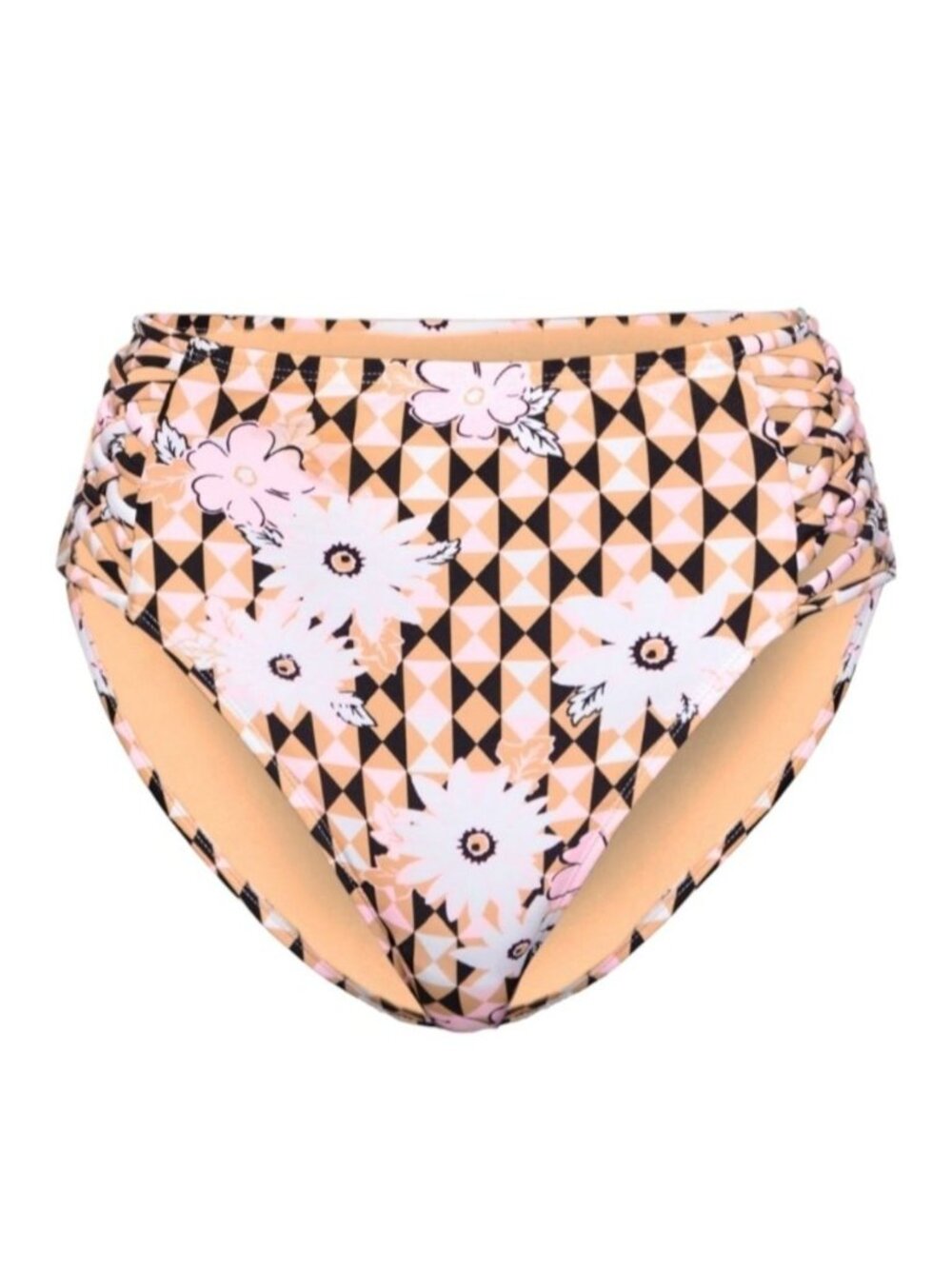 Bikini Swim Bottom High Waist Black Pink Geo Floral Juniors XL 15/17 LR114
